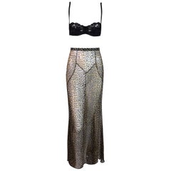 Vintage 1997 Dolce & Gabbana NWT Black Lace Bra & Sheer Leopard Silk Long Skirt