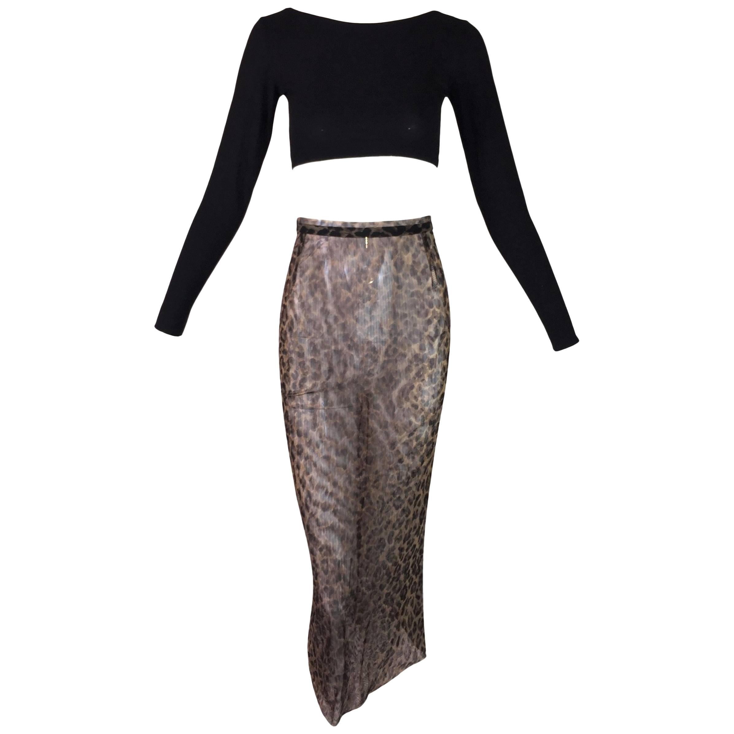 1990's Dolce & Gabbana Black Crop Top & High Waist Sheer Mesh Leopard Skirt
