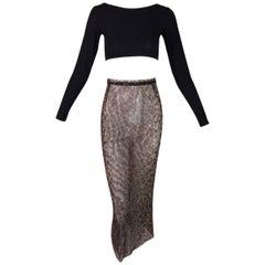 Vintage 1990's Dolce & Gabbana Black Crop Top & High Waist Sheer Mesh Leopard Skirt