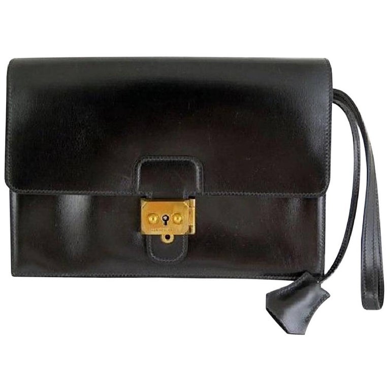 Hermes Black Leather Gold Envelope Evening Flap Wristlet Clutch Bag in
