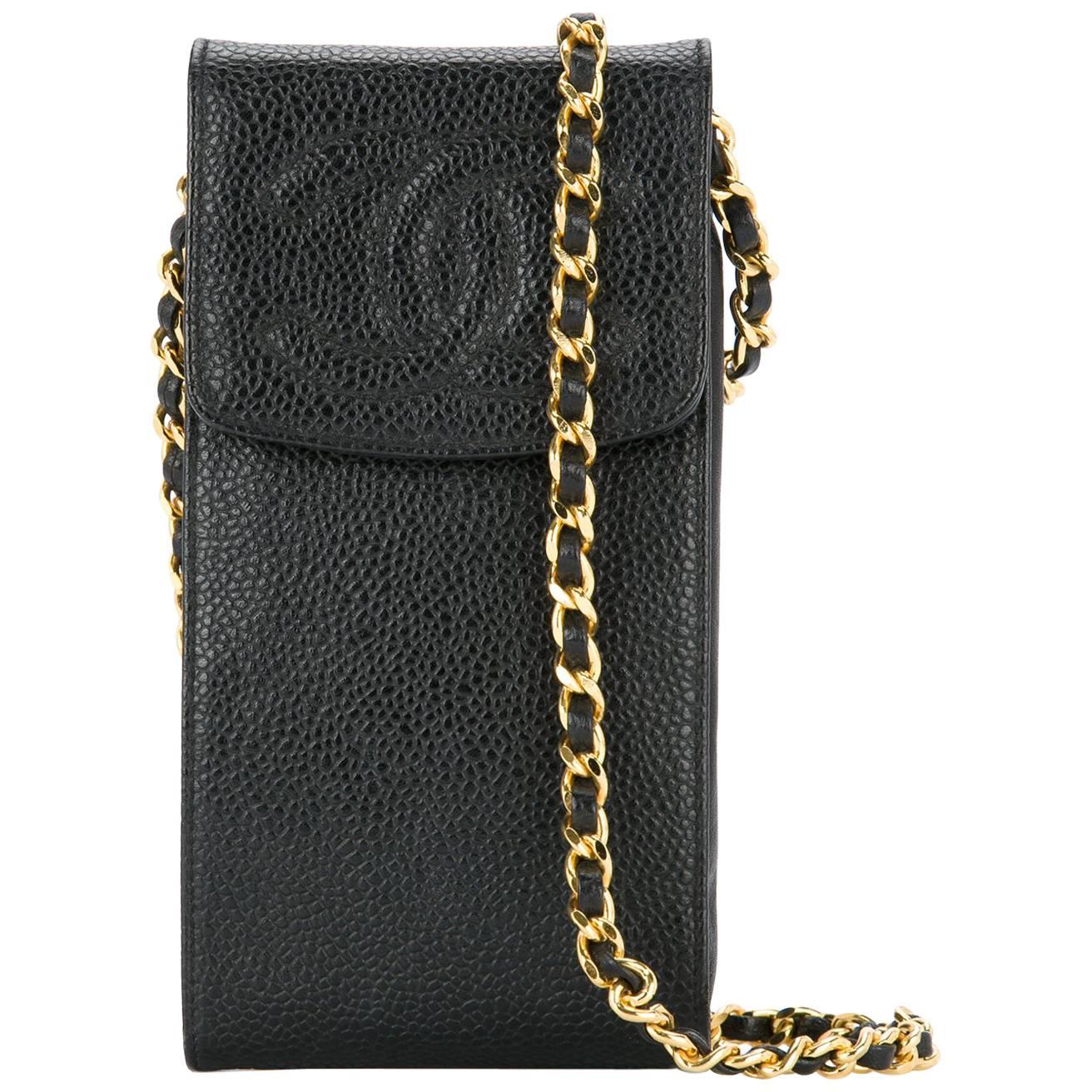 Chanel Black Caviar Leather Gold Cell Phone Travel Crossbody Shoulder Flap Bag
