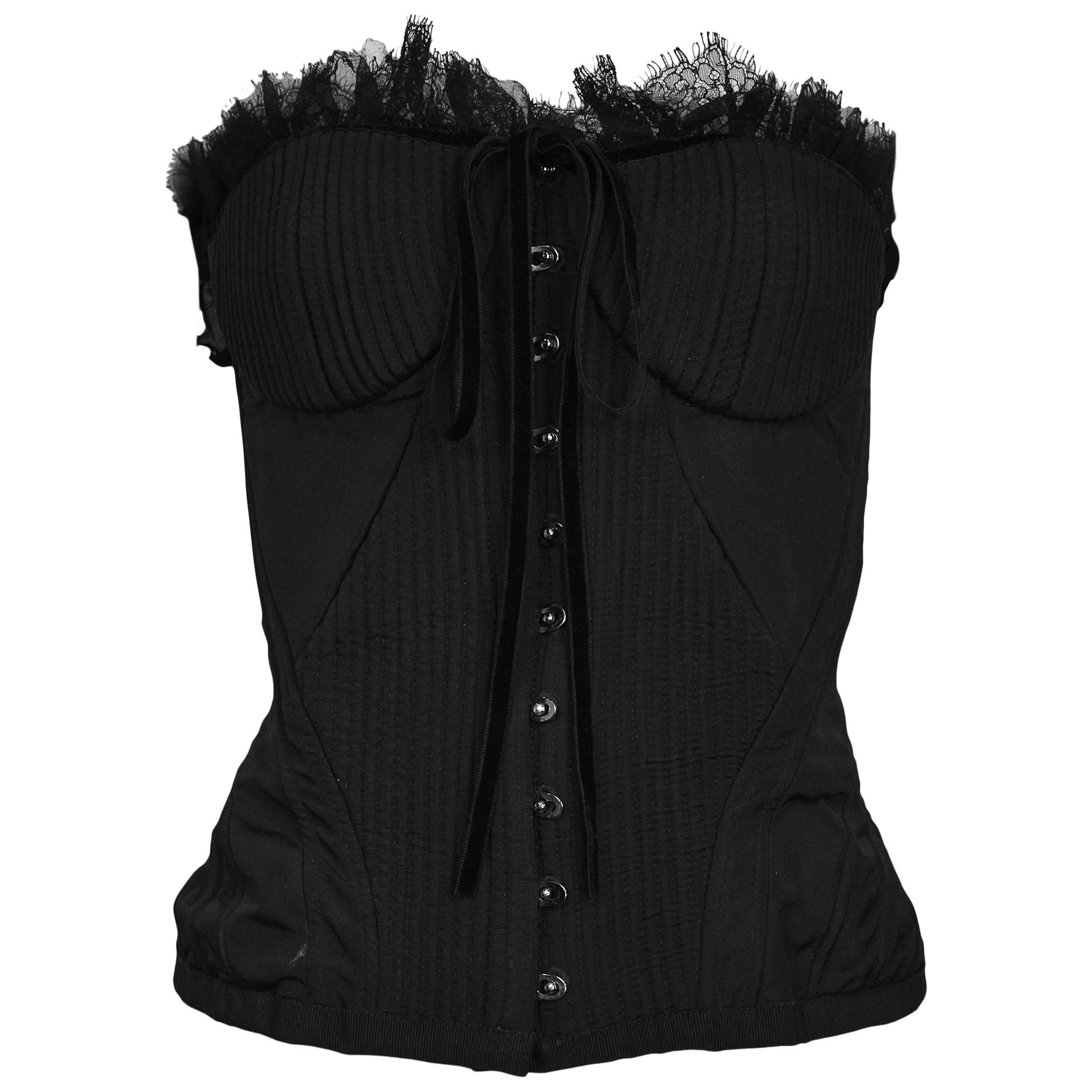 Vintage Alexander McQueen Black Taffeta Corset Top with Fancy Trim