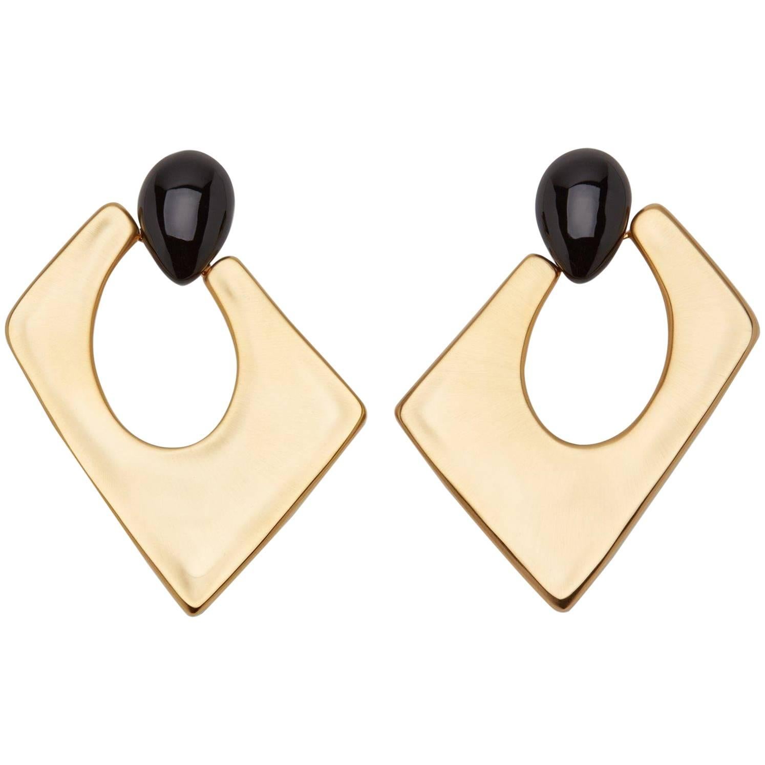 Giuseppe Zanotti Gold Brass Black Geometric Large Hoop Earrings 