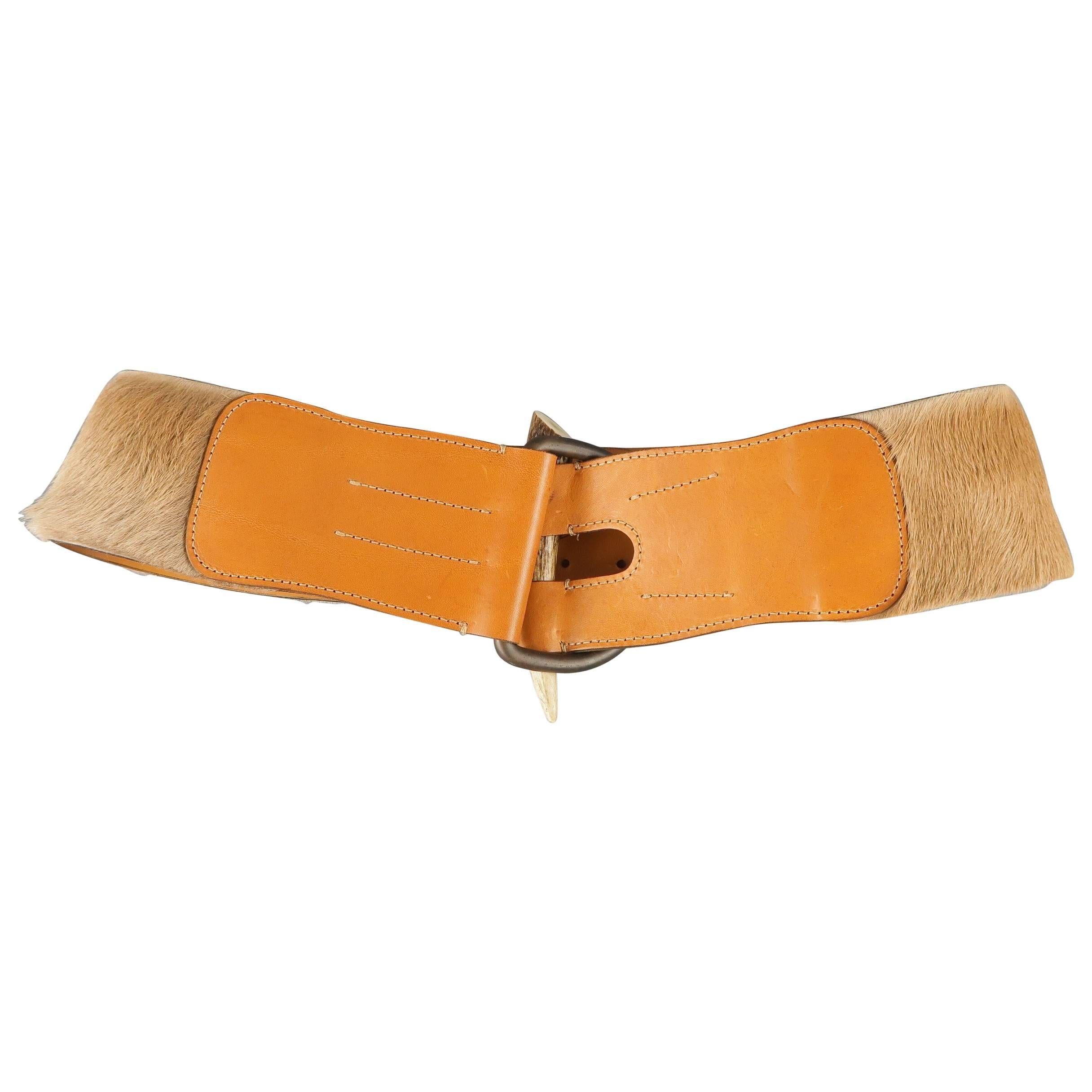 RALPH LAUREN Tan M Leather Horn Buckle Horsehair Belt