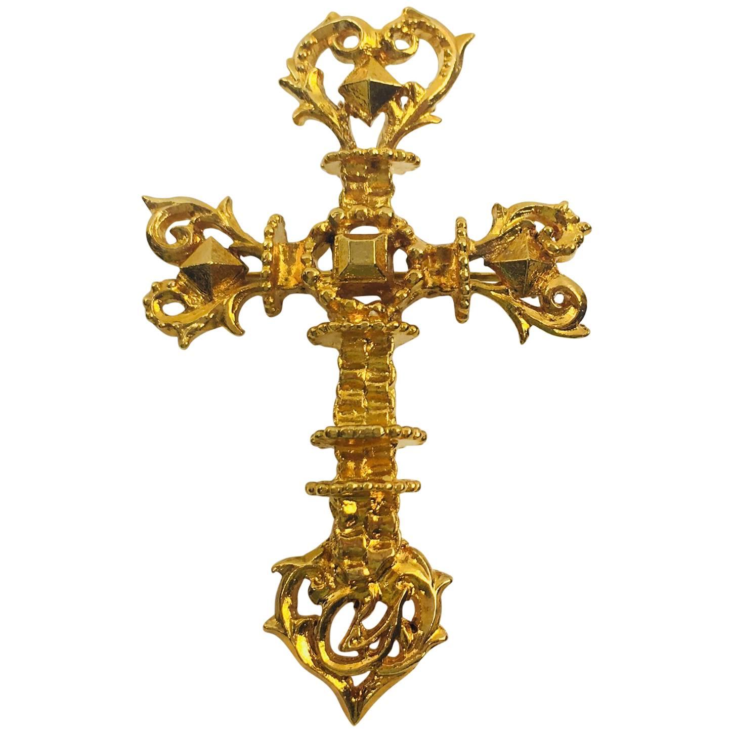 Christian Lacroix Paris Signed Pin Brooch Gilt Metal Pierced Baroque Cross