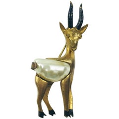 1940s Gilded Bronze and Pearl Pin Brooch Lovely Antelope