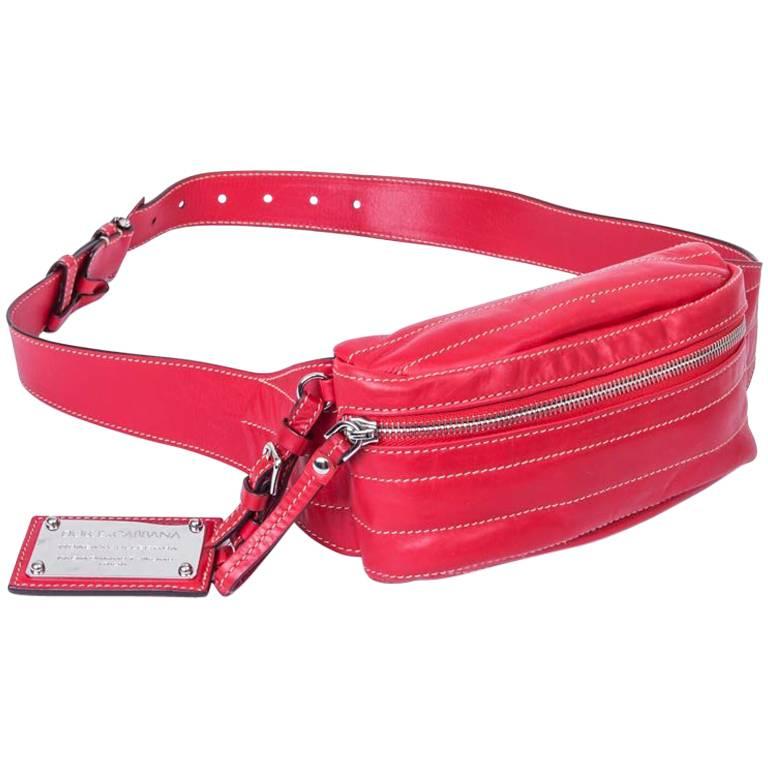 DOLCE & GABBANA Banana Belt Bag in Soft Red Leather and Beige Saddle Stitching