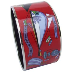 Hermès Printed Enamel Bracelet Les Folies Du Ciel Extra Wide PHW Size 70 RARE