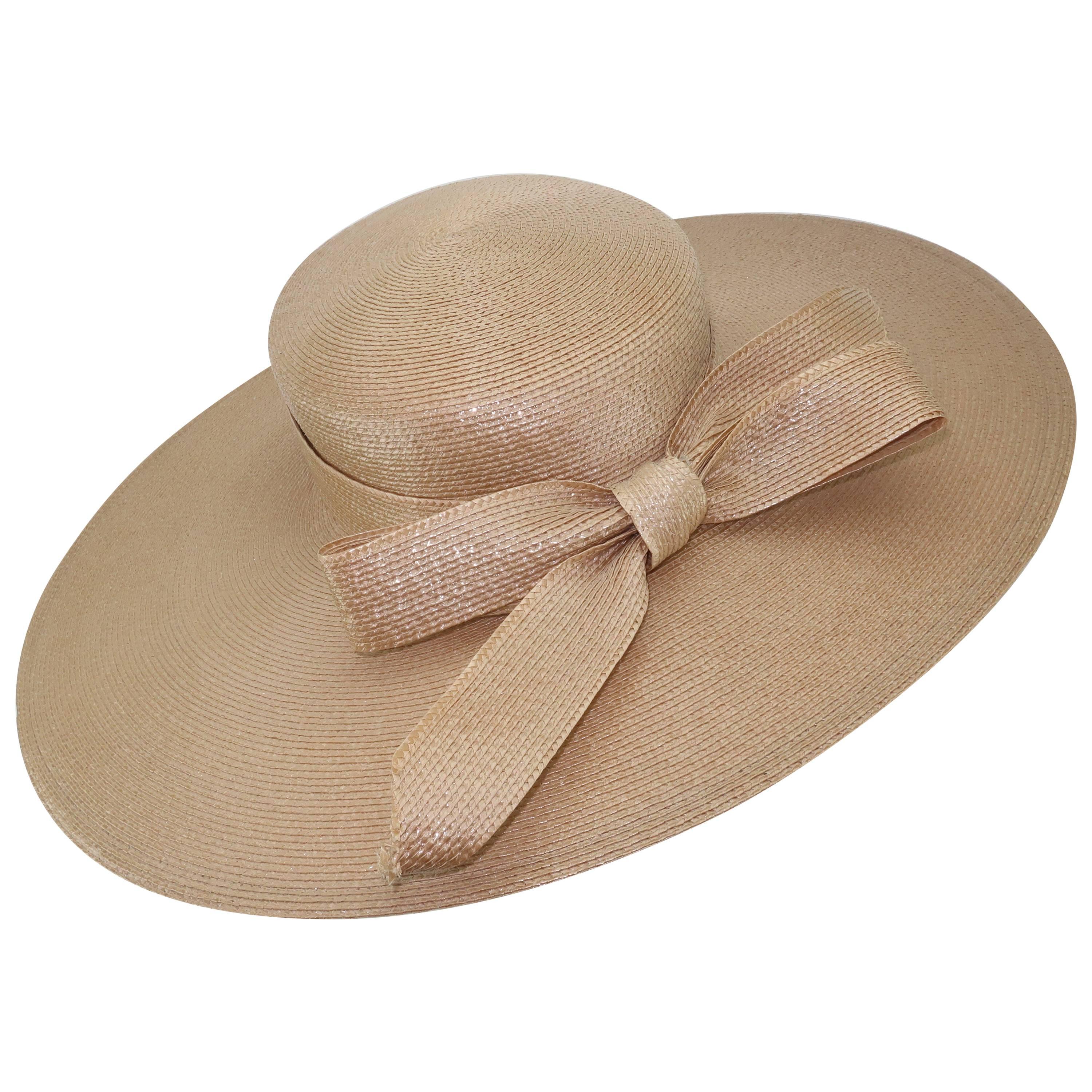 Frank Olive Beige Tone Oval Straw Hat With Bow, 1980s