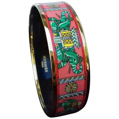 Hermès Printed Enamel Bracelet Torana Elephants Pink Green New Ghw Size 65