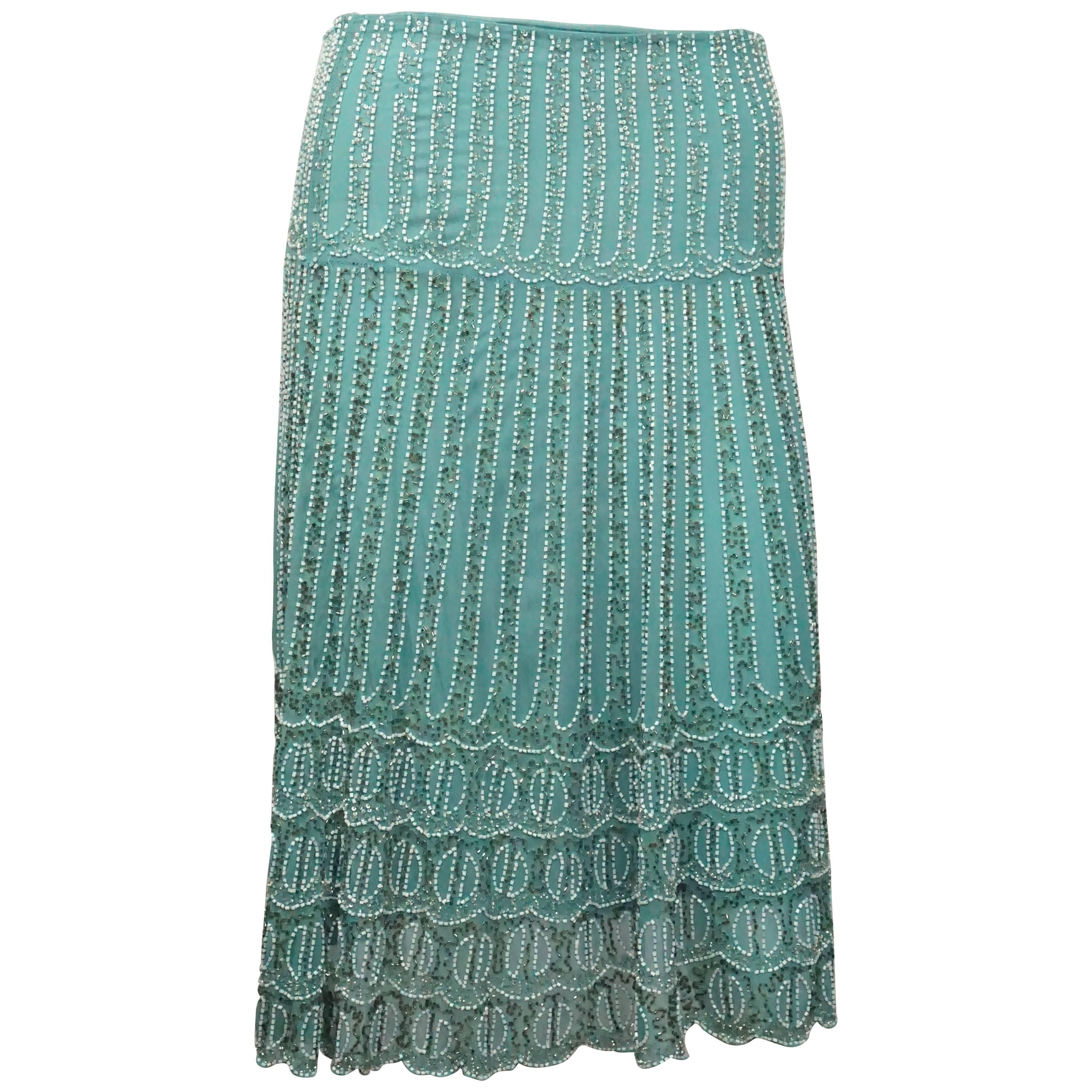 Bluemarine Turquoise Silk And White Beaded Skirt   For Sale