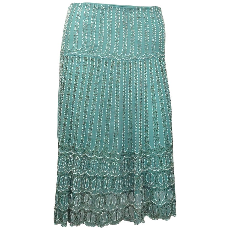 Bluemarine Turquoise Silk And White Beaded Skirt For Sale at 1stDibs