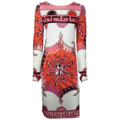 Emilio Pucci White and Pink Silk Print Long Sleeved Dress