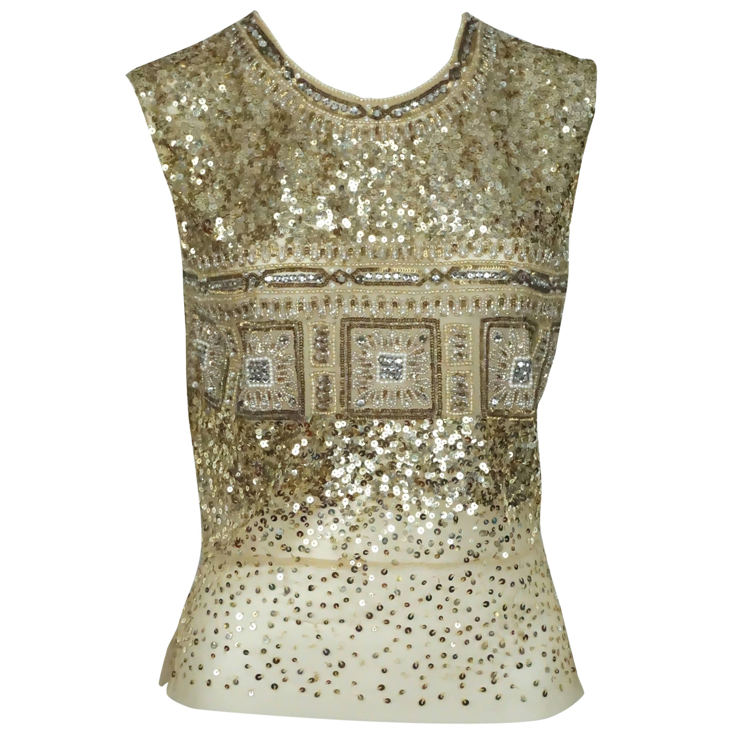 Reem Acra Gold Sequin and Beaded Sleeveless Top  