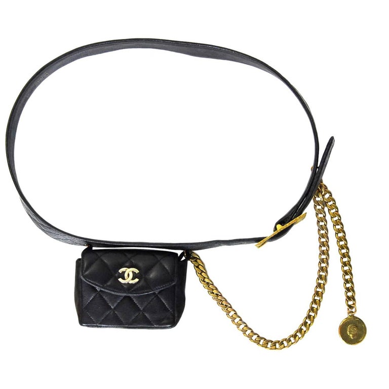 Chanel Vintage Black Quilted Leather Belt Bag Fanny Pack with Chain, 1994 at 1stdibs