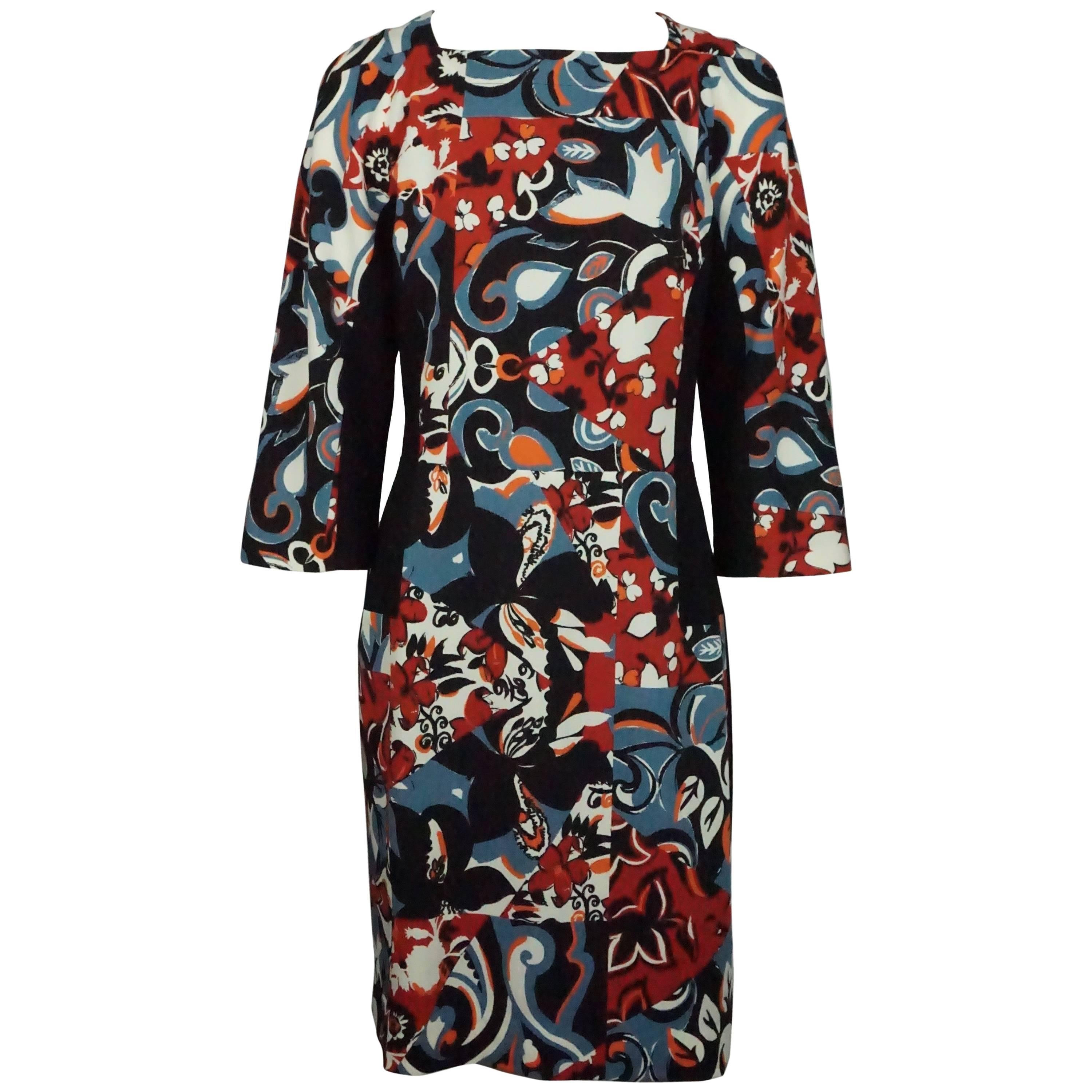 Etro Black And Multi Floral Silk Print Three Quarter Sleeve Dress For Sale