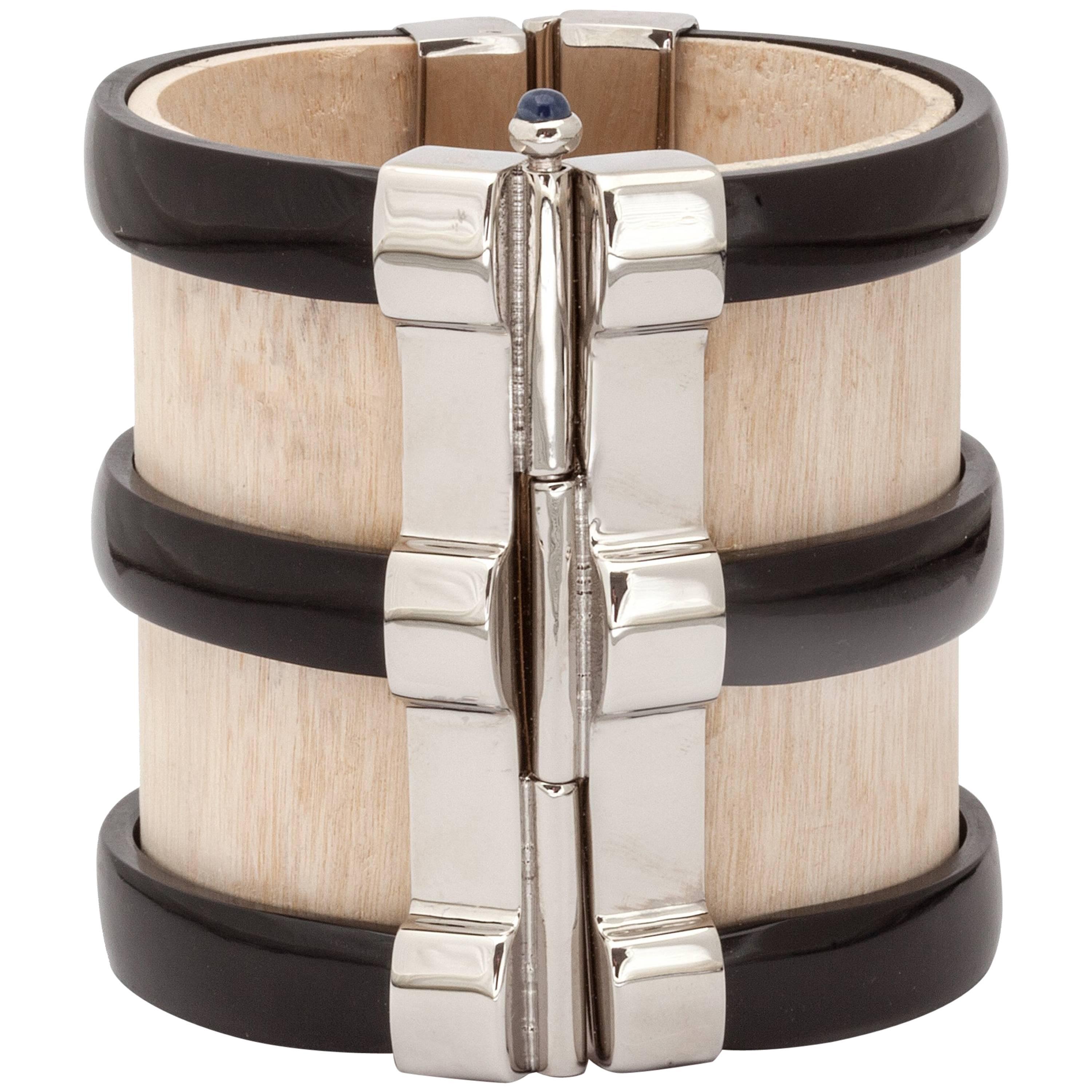 Fouche Art Deco Cuff Bracelet Horn Sapphire Wood