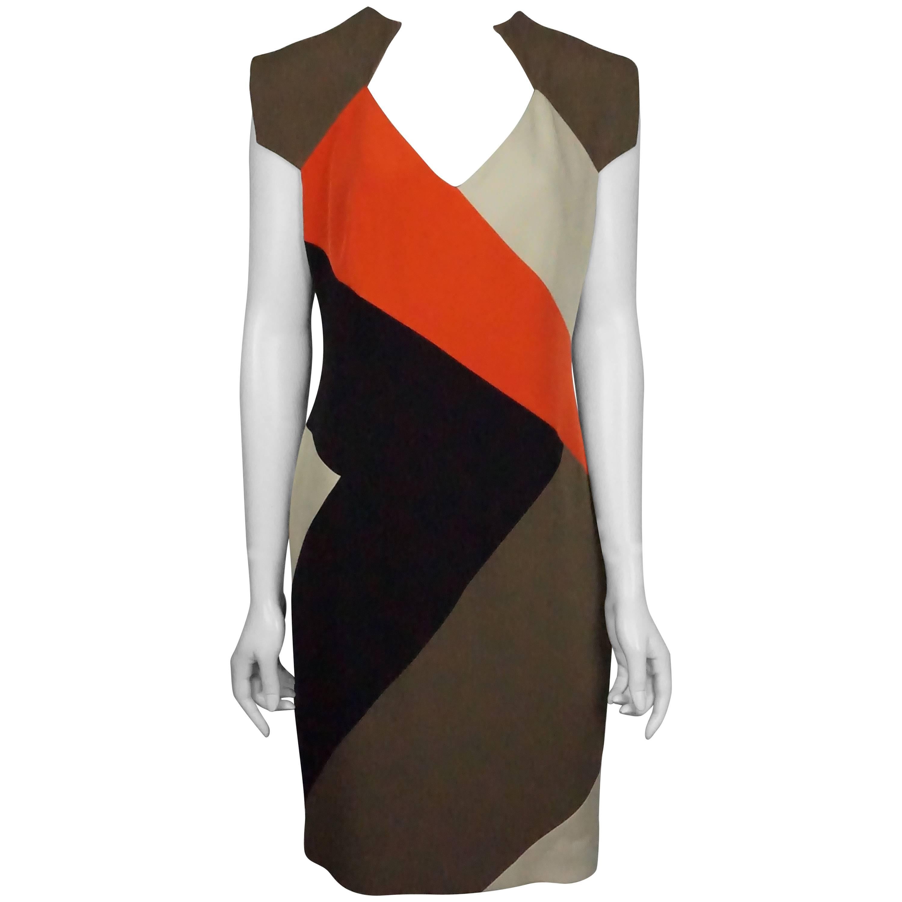 Lela Rose Brown/Orange/Beige S/S Silk Dress - 8 For Sale