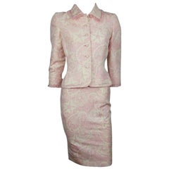 Oscar De La Renta Pink and Creme Floral Silk Skirt Suit with Ruffle Detail