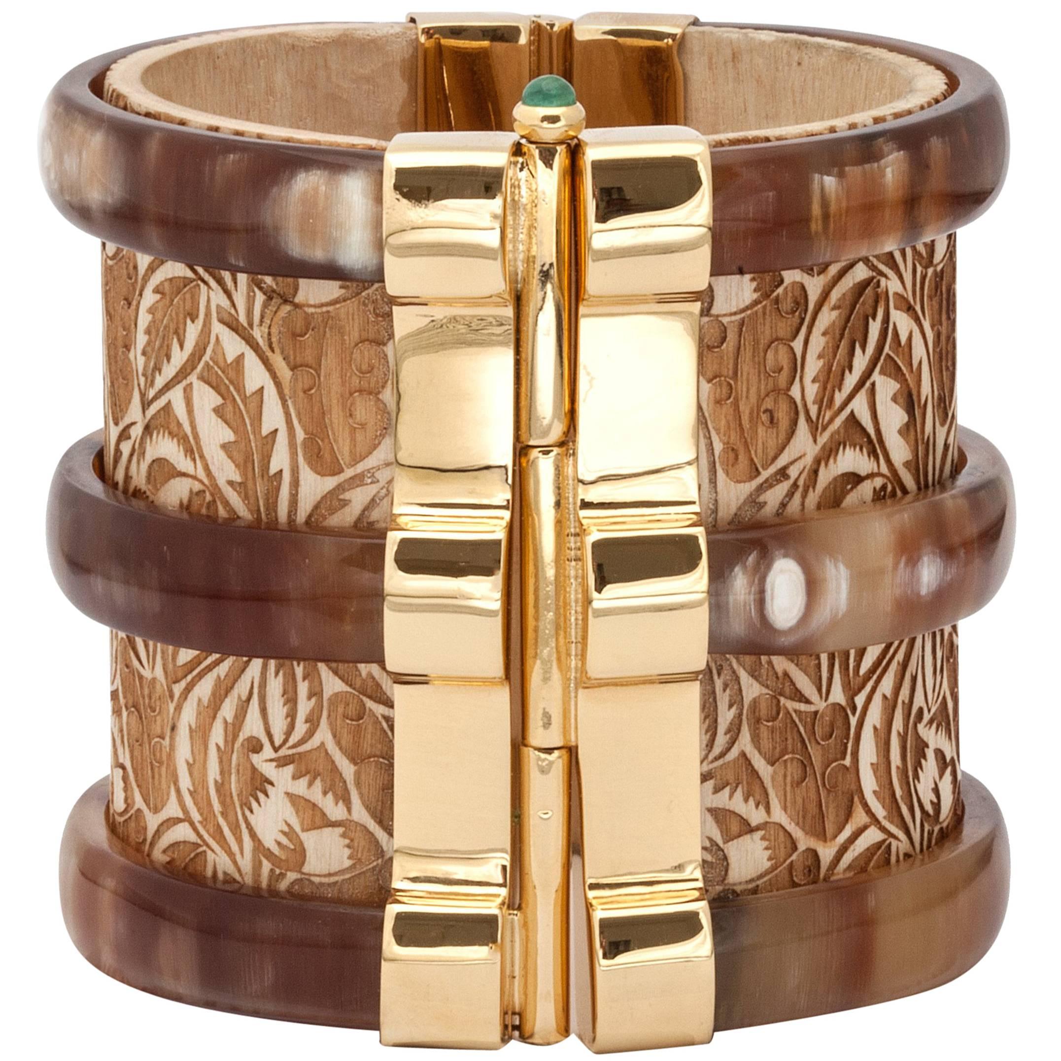 Fouche Cuff Gold Bracelet Horn Emerald Wood For Sale