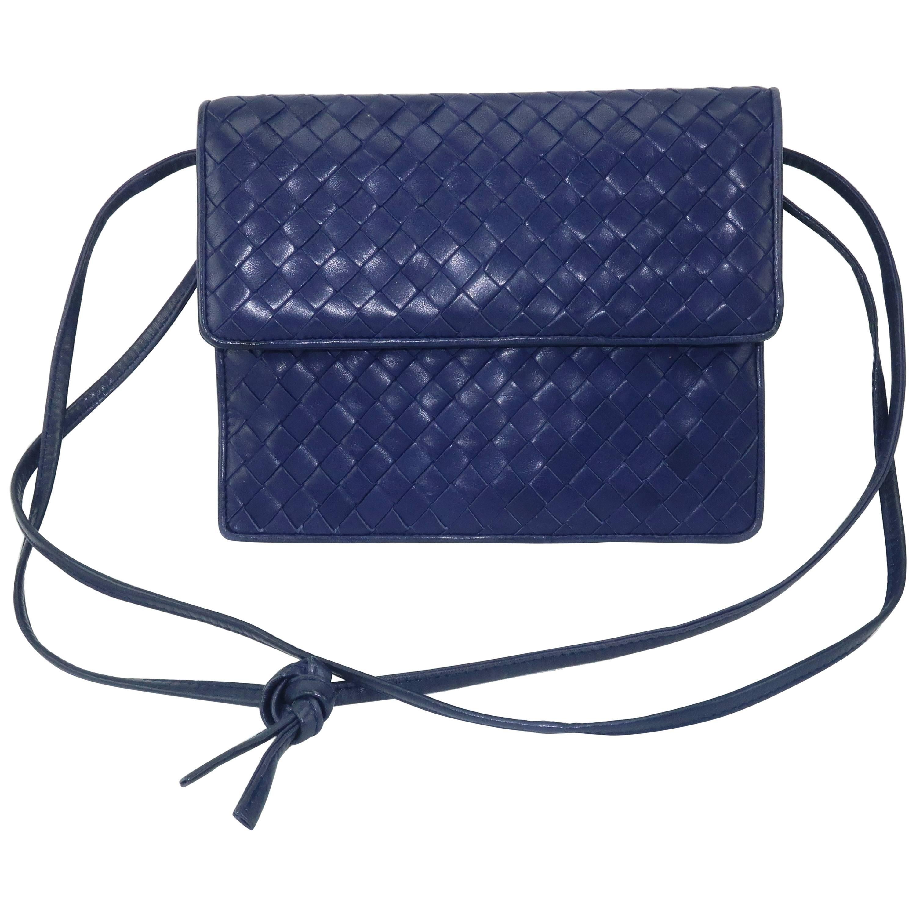 Bottega Veneta Vintage Royal Blue Intrecciato Leather Shoulder Handbag