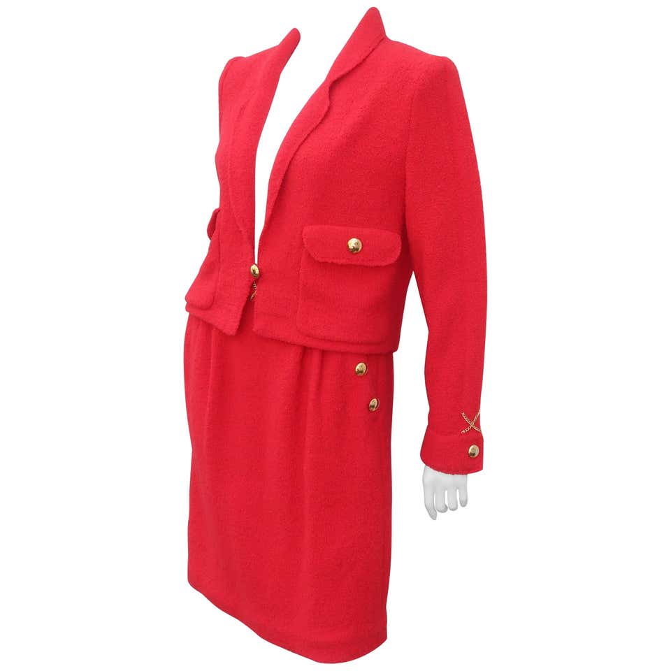 Adolfo Red Boucle Knit Skirt Suit With Chain Details, 1980s For Sale at