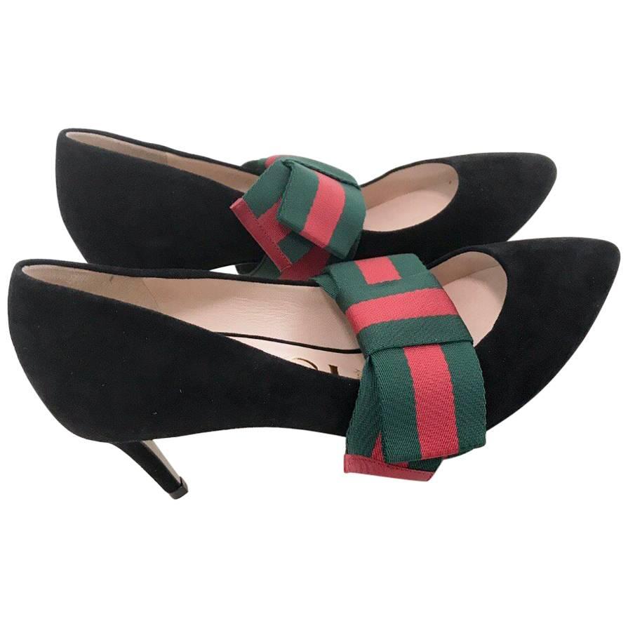 Gucci Decoltè in Black Suede Leather with Red and Green Web 2017 Size 36 For Sale