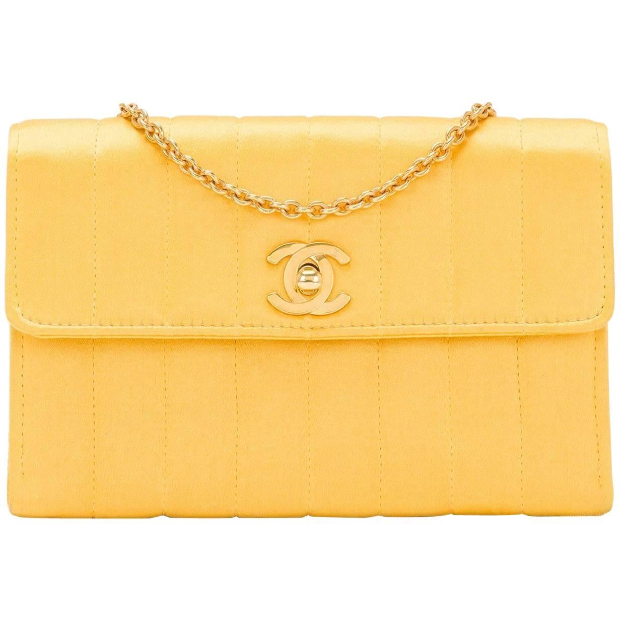Chanel Vintage Yellow Vertical Quilted Satin Mini Flap Bag For Sale
