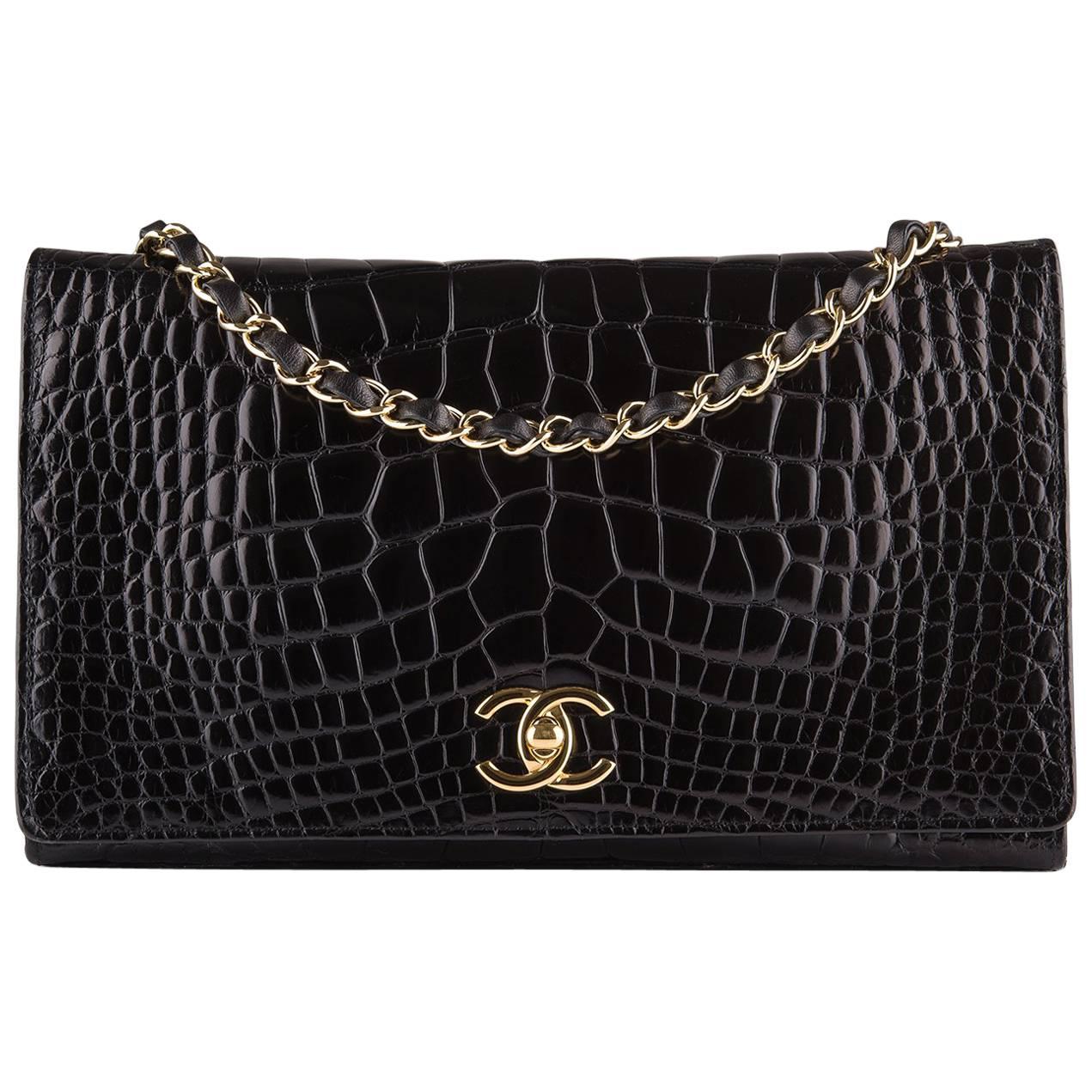 Chanel Vintage Black Crocodile Full Flap Bag For Sale