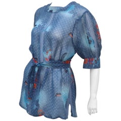 Franck Olivier Sheer Blue Floral Peasant Top With Tie, 1970s