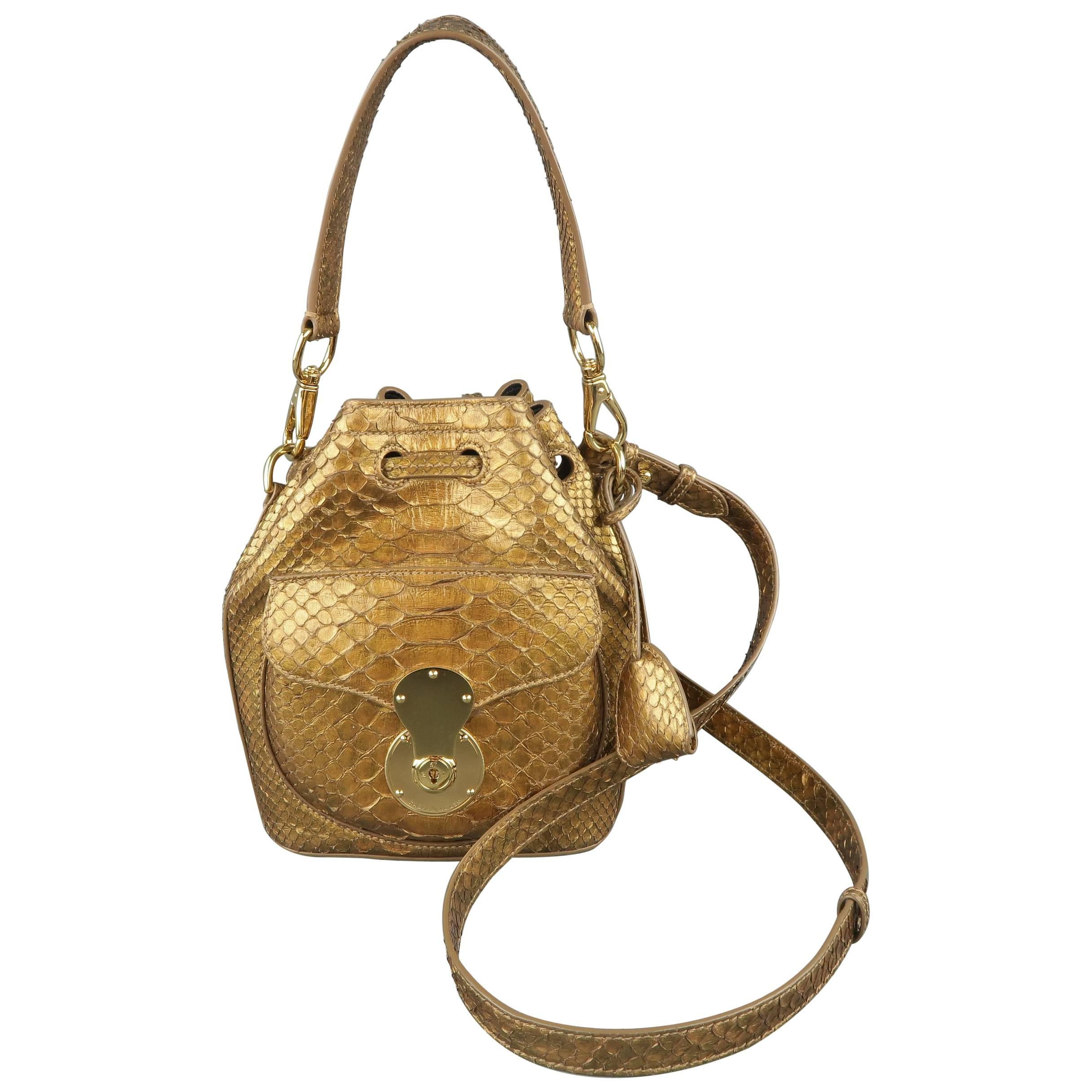 Ralph Lauren Metallic Gold Snake Skin Leather Ricky Bucket Bag Handbag