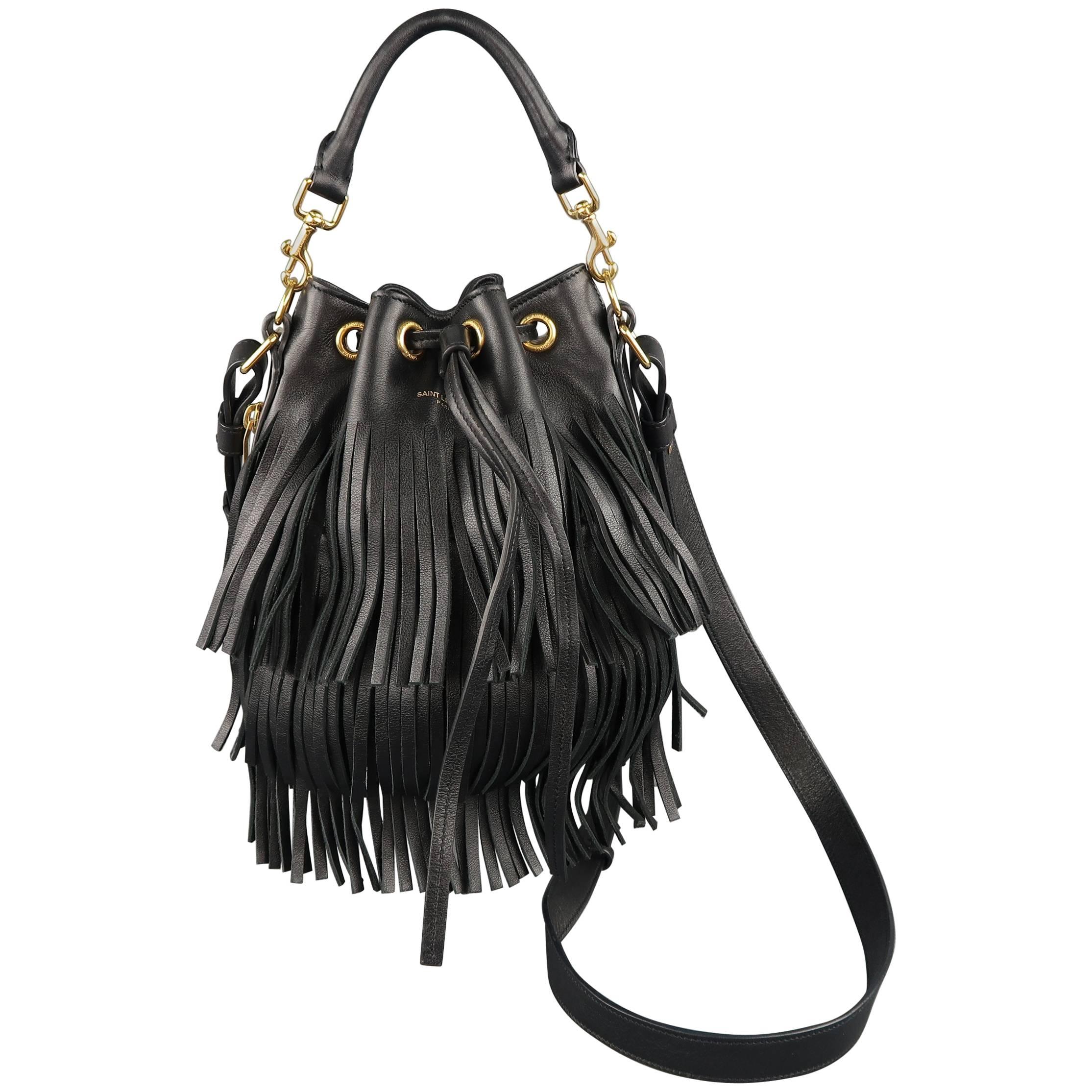 SAINT LAURENT Bucket Bag - Black Fringe Leather Emmanuelle Cross Body Handbag