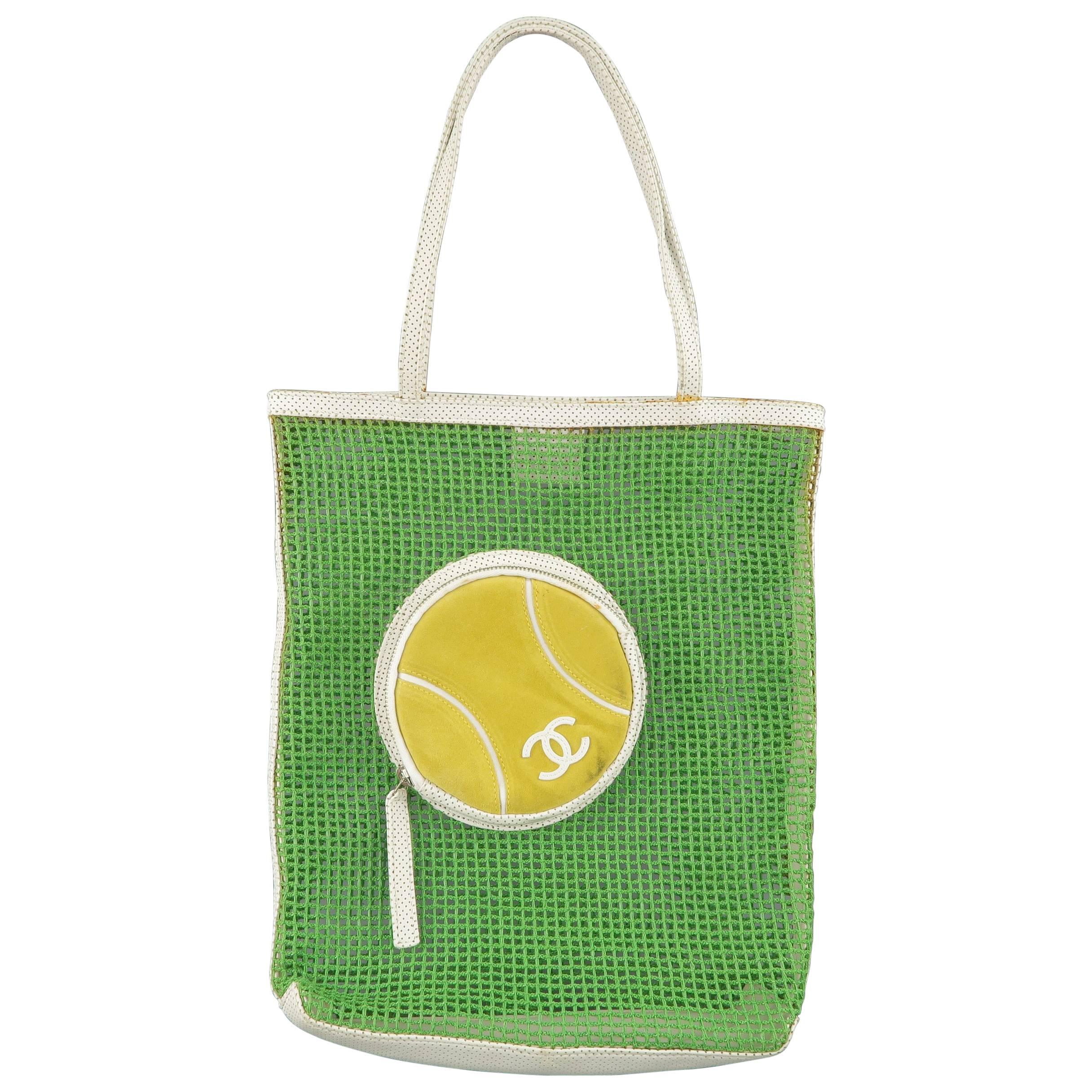 CHANEL Green Mesh White Leather Trim Tennis Ball Tote Bag at 1stDibs