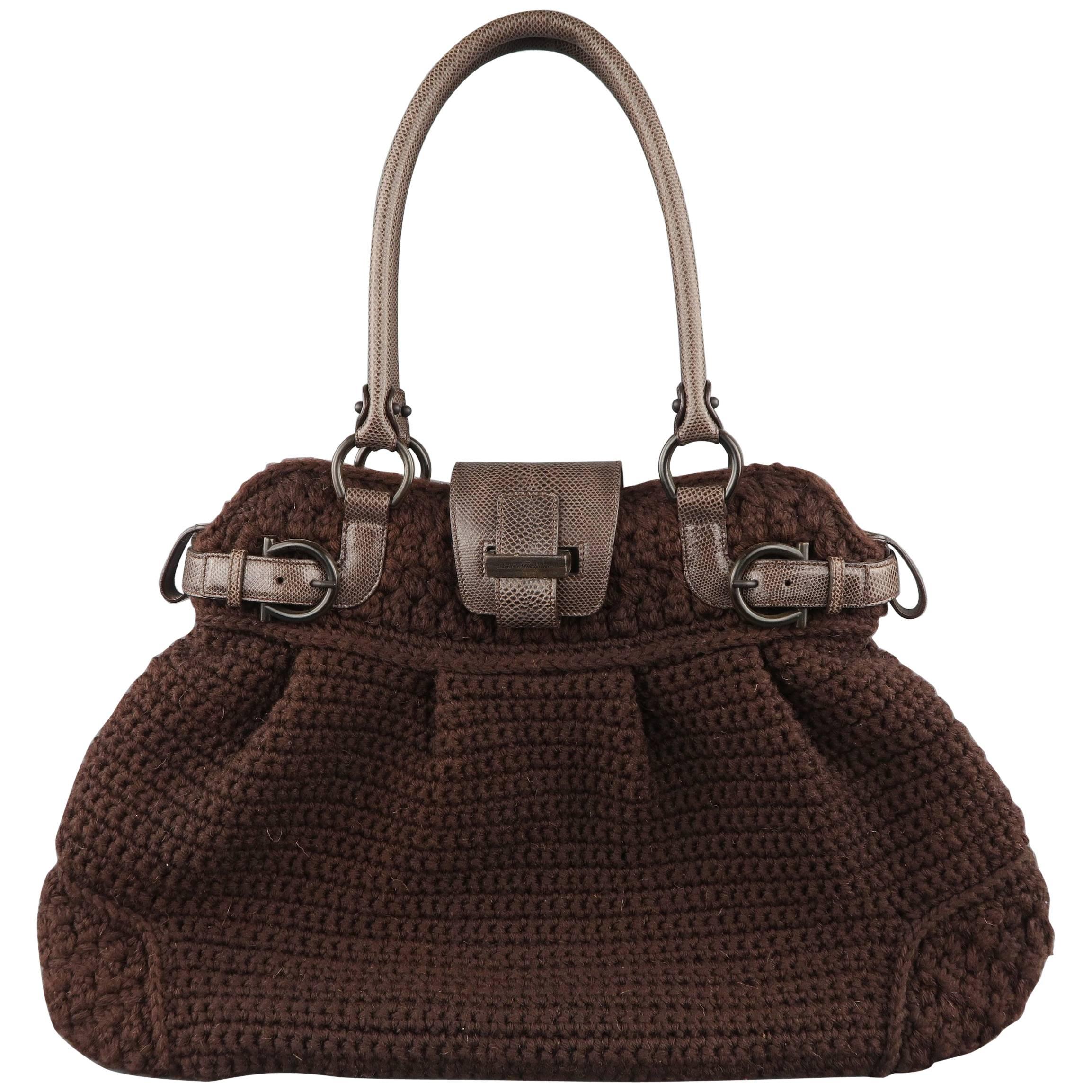 SALVATORE FERRAGAMO Brown Chrochet Knit Leather Top Handles Handbag