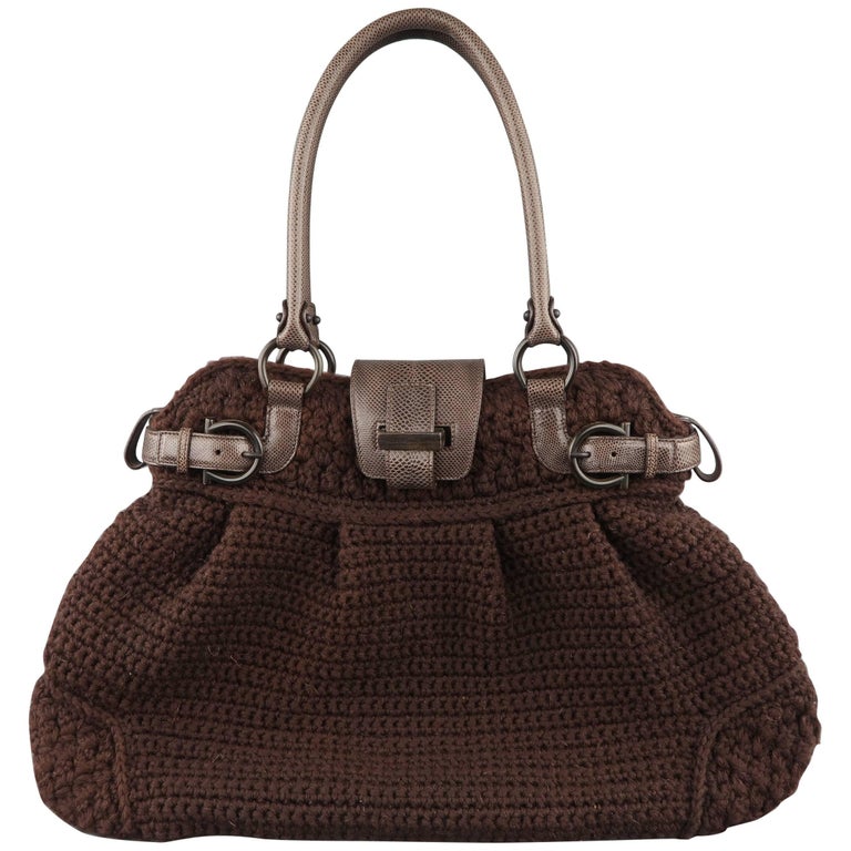 SALVATORE FERRAGAMO Brown Chrochet Knit Leather Top Handles Handbag For ...