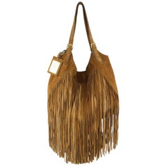 RALPH LAUREN Tan Suede Long Fringe Trim Hobo Handbag