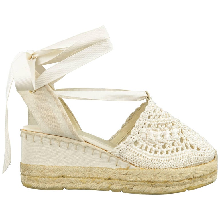 RALPH LAUREN Size 10 Off White Knit Ankle Strap Espadrille Wedges at ...