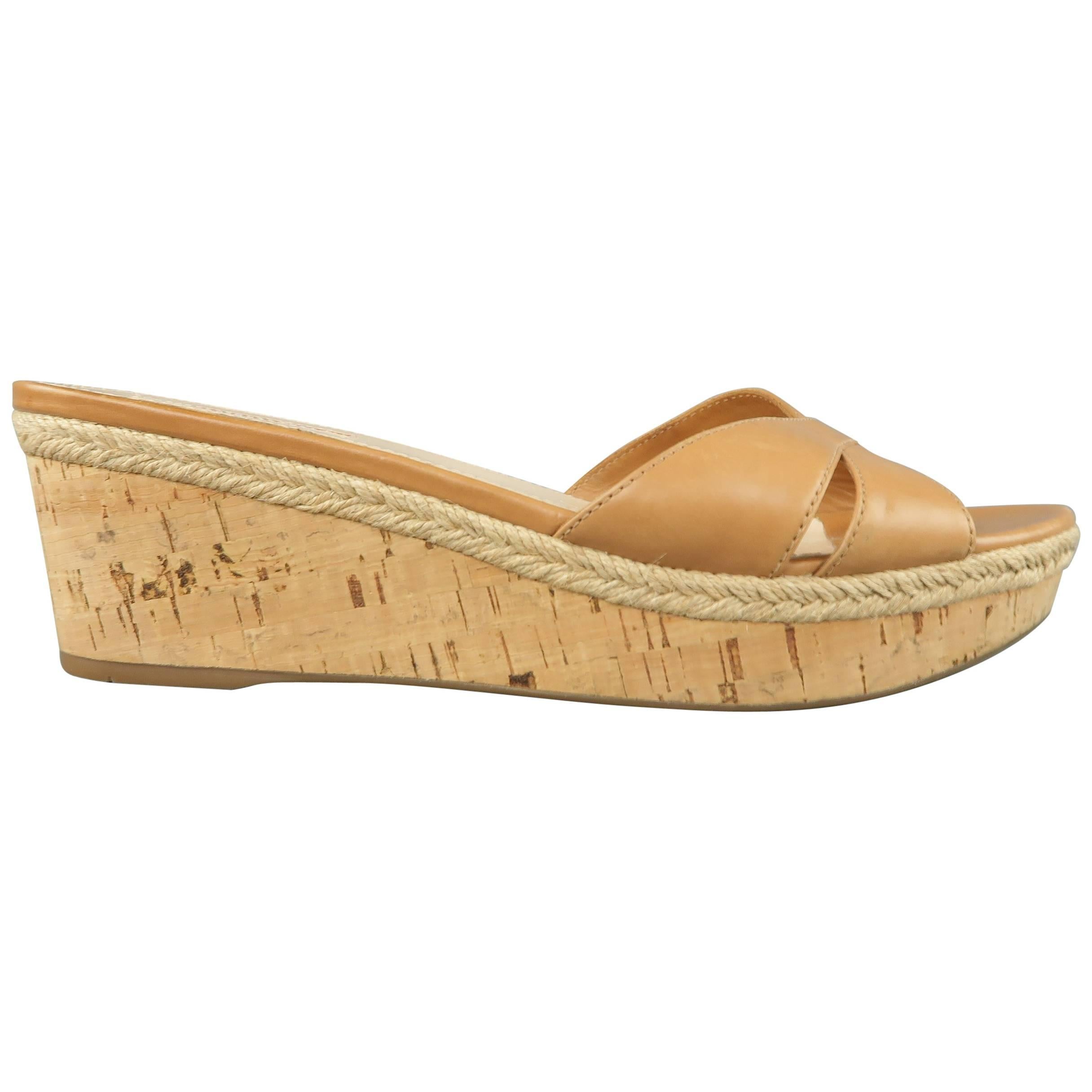 PRADA Size 10 Tan Leather Cork Wedge Mules