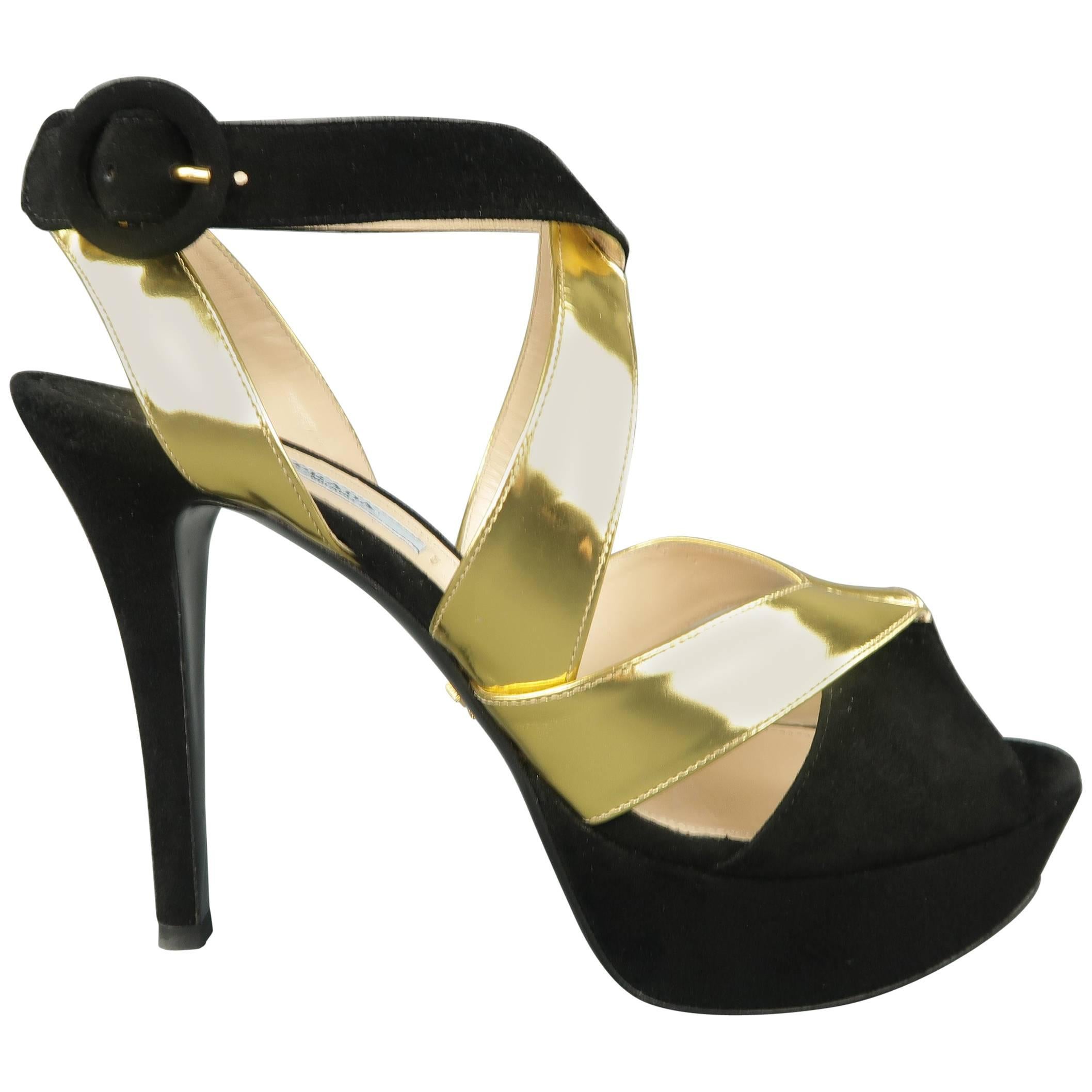 PRADA Size 10 Black Suede & Metallic Gold Leather Platform Strappy Sandals