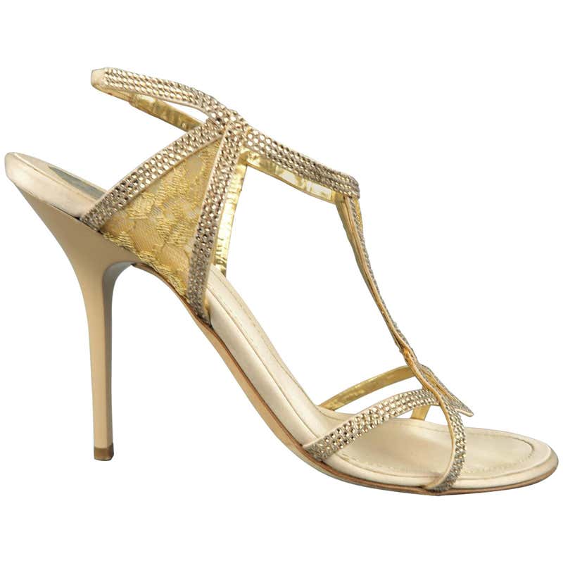 RENE CAOVILLA Gold Leather Ankle Wrap Rhinestone Shoes at 1stDibs