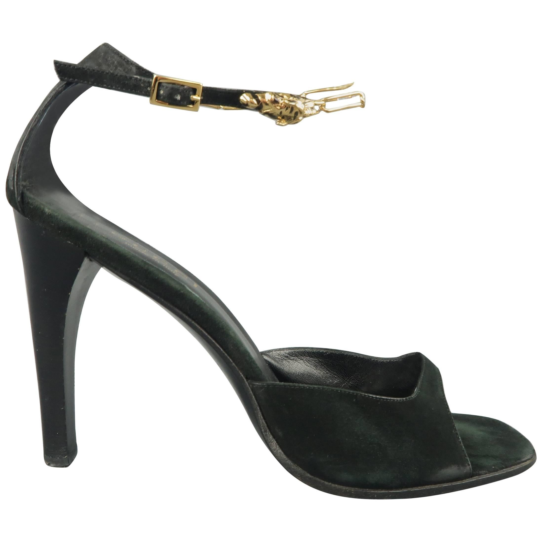 GUCCI Size 9.5 Black Suede Gold Jaguar Chain Ankle Strap Sandals