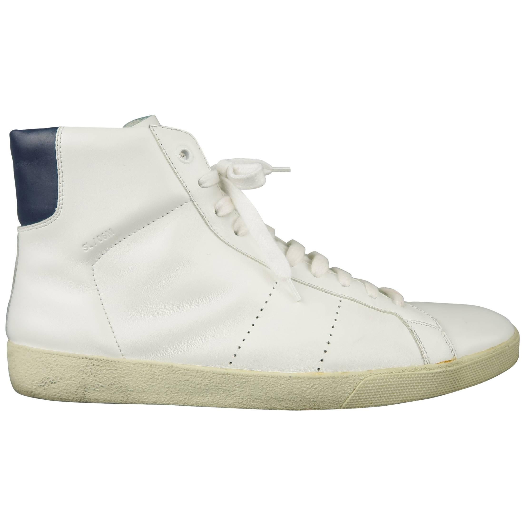 Men's SAINT LAURENT Size 10 White & Navy Leather SL/06 High Top Sneakers