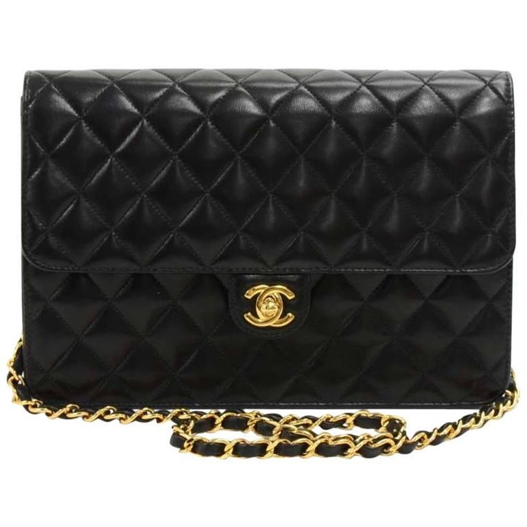 Chanel 10" Classic Black Quilted Leather Half Flap Shoulder Bag Ex For