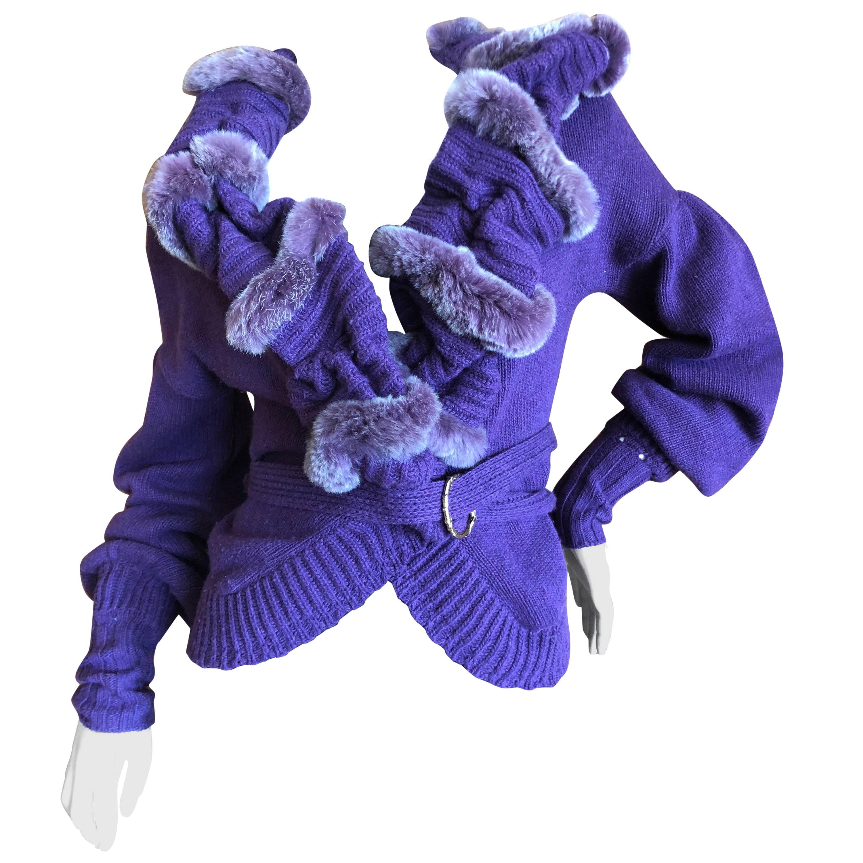 Just Cavalli Luxurious Purple Sweater with Genuine Fur Trim For Sale