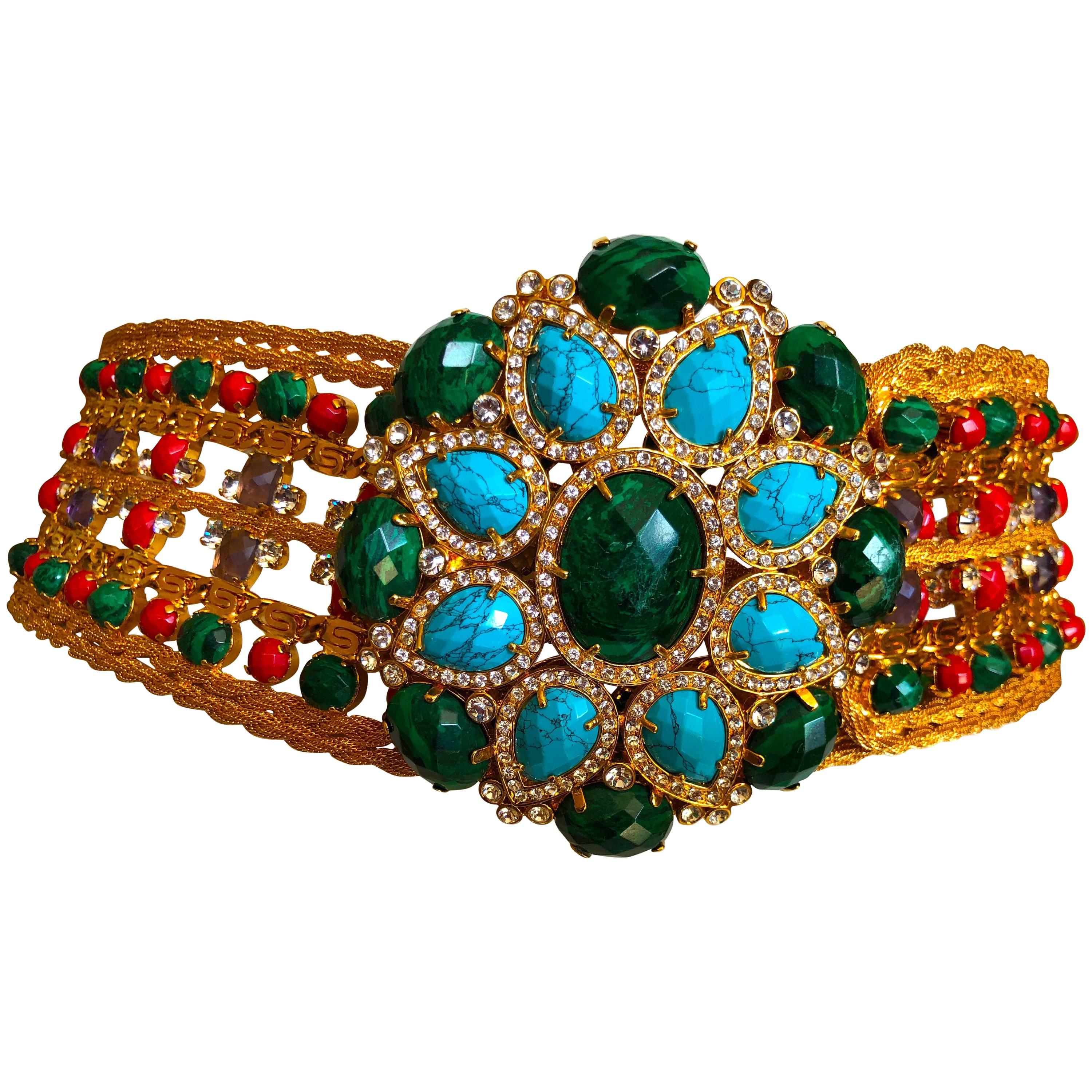 Roberto Cavalli Wide Golden Faux Turquoise & Emerald Wide Maharaja Belt  XL For Sale