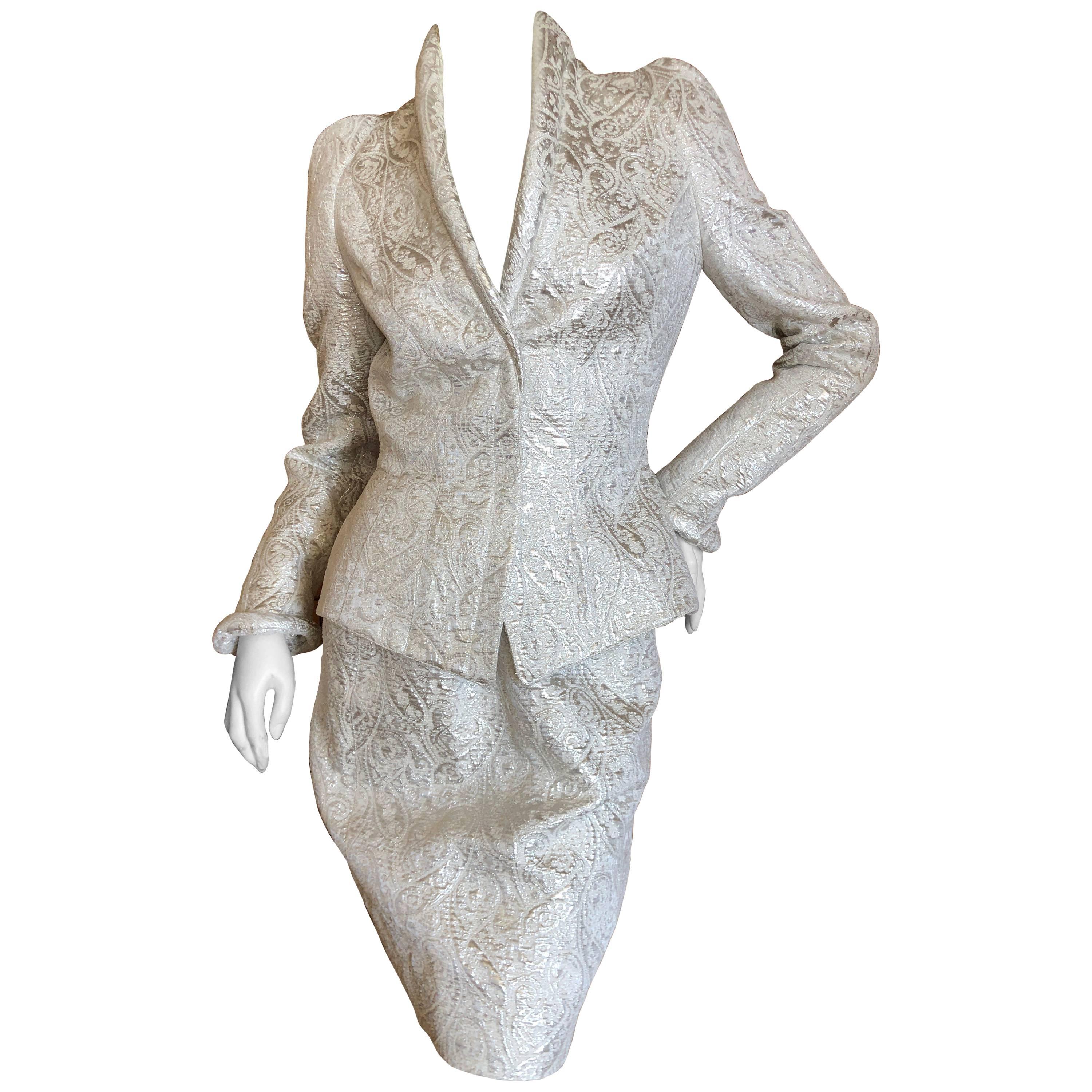 Thierry Mugler Paris for Bergdorf Goodman 1980's Structured Silver Brocade Suit For Sale