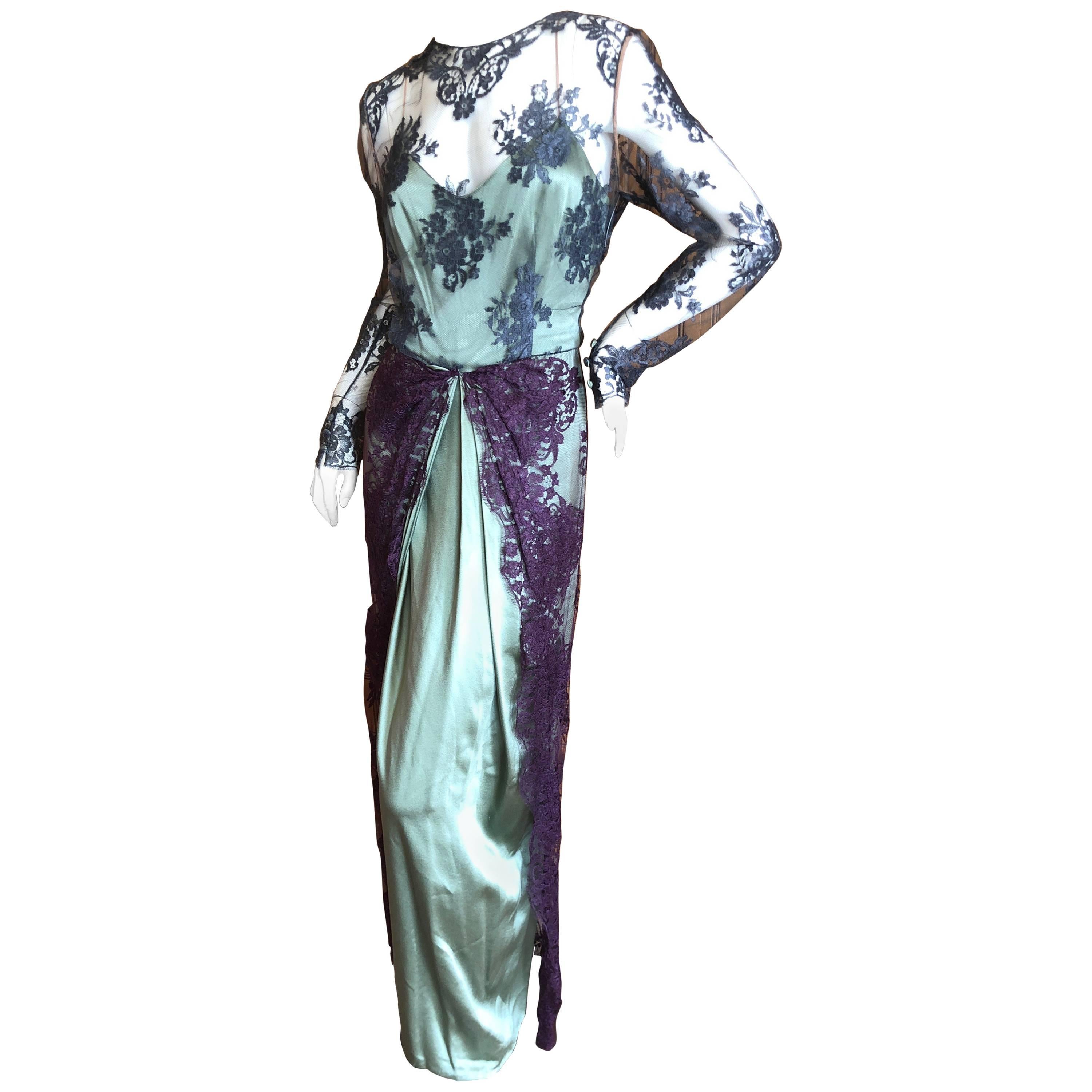 Bill Blass Vintage 1970's Silk Evening Dress with Lace Overlay Details For Sale