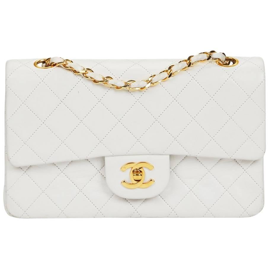 1990 Chanel White Quilted Lambskin Vintage Small Classic Double