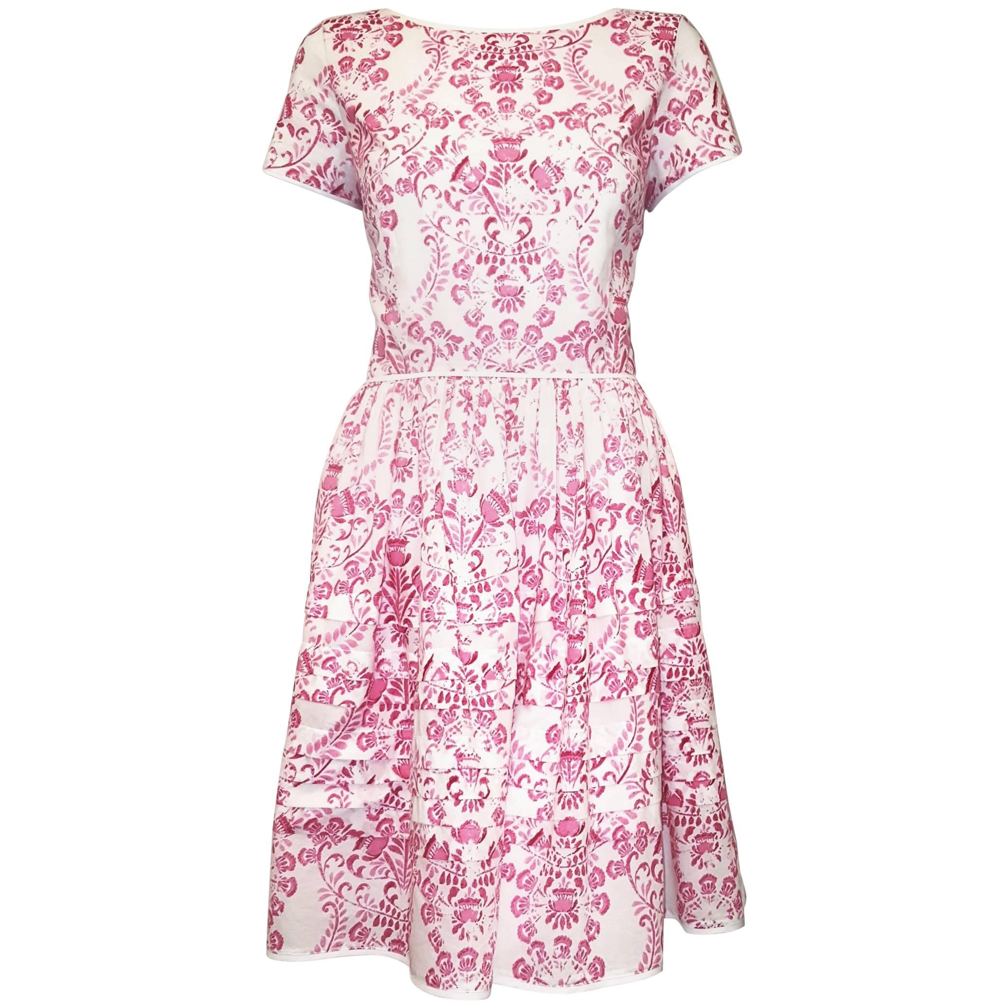 Oscar de la Renta Cotton Pink & White Short Sleeve Dress with Gathered Skirt