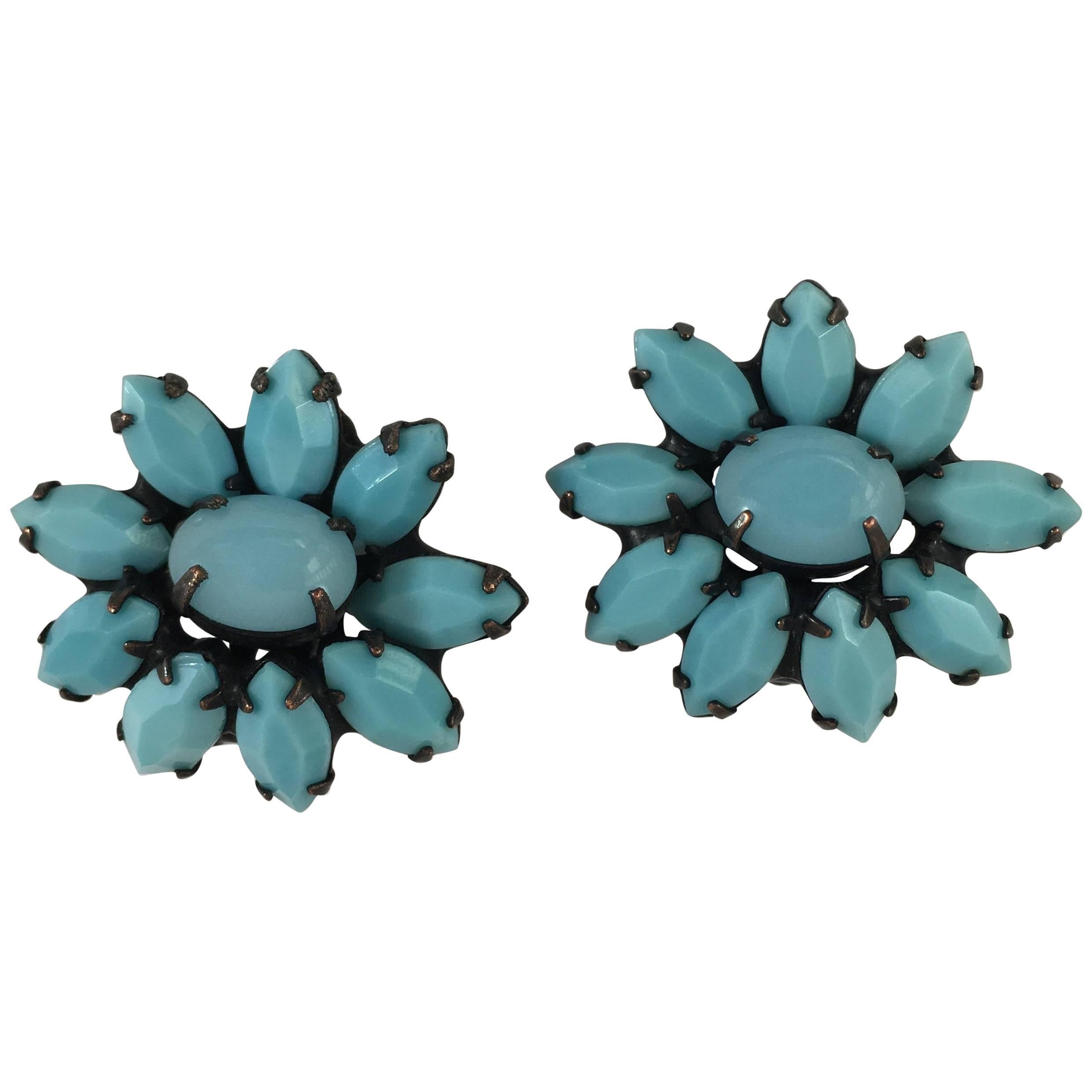 Turquoise Colored Flower Earrings Weiss 1960s For Sale